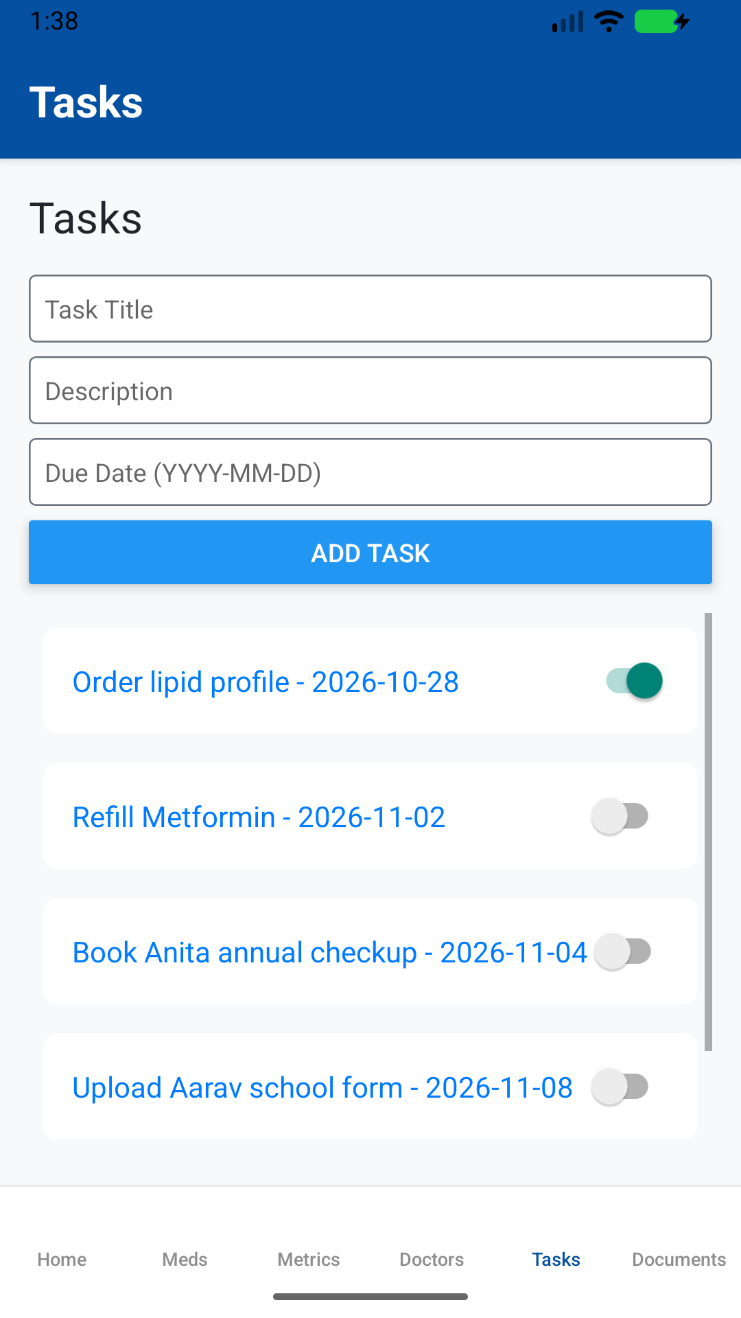 FamAid care tasks with due dates screen