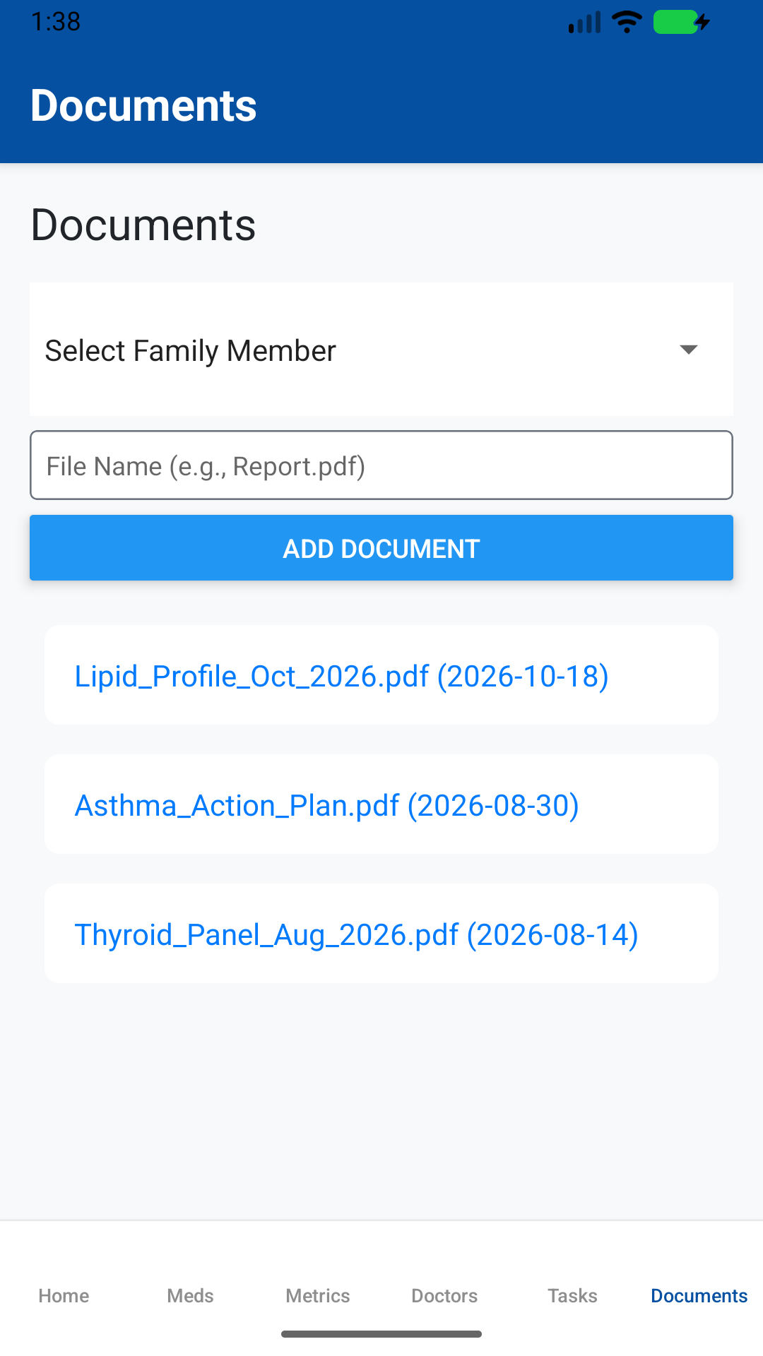 FamAid document index per member screen
